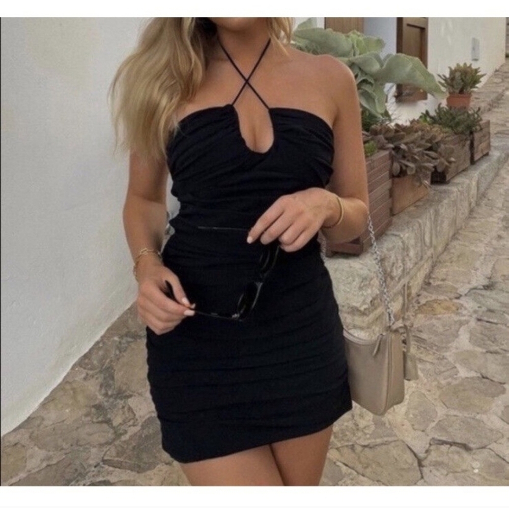 Zara Black Ruched Mini Dress Size Small Halter